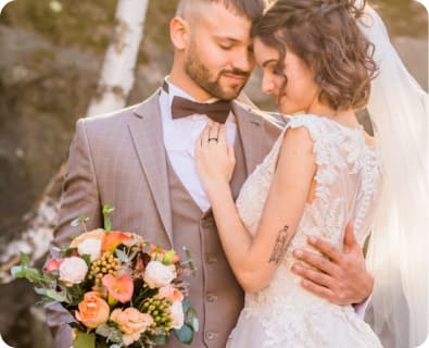 Bride and groom with bouquet